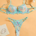 Lingerie-Set aus Spitze in Minzgrün mit lila Blumenstickerei und Bügel-BH-Kombination - S / Blau