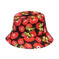 Women's bucket hat with red poppy and butterfly print on black fabric background - Red Poppy Butterfly Print (A)