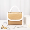 Beige crocodile texture tote bag with white plush fur trim and stylish gold chain strap - Khaki