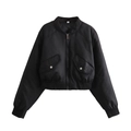 Women's black cropped bomber jacket with ribbed collar and silver metal zipper details - S / Black
