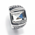 Silver stainless steel ring with rectangle clear crystal and intricate engraved patterns - Steel Color White Gemstone