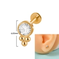 Golden 16G labret stud with crystal zircon and triple ball cluster pendant, 6.65mm length - Globe Bead / 1.2x6mm