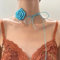 Blue satin orchid choker necklace with crystal beads for a summer Hawaiian style - Blue