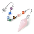 Rozenkwarts kristallen pendel met zeven chakra stenen aan een zilveren ketting - Rozenkwarts