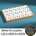Bamboo wood jewelry tray with white PU lining and 20 hooks for necklace display - 18 Grids / White (PU Leather)