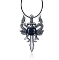 Macro shot of silver twin dragon sword pendant featuring a central black gemstone - Dragon Sword With Black Gemstone Wax Cord