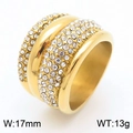Wide gold plated stainless steel ring with triple rows of rhinestones, 17mm width - US 7 / Wide Band Three-Row Pave Style (KR110788-MZOZ)