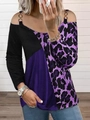 Detail of cold shoulder cutout with leopard print sleeve and gold chain strap - S / Tops / Purple