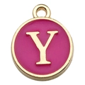 Rose pink enamel letter Y alphabet pendant with gold-plated metal border for DIY crafts - Letter Y Pendant Only (Without Chain) / 1 Piece (12x14mm) / Rose Red