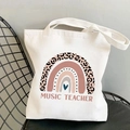 Off-white canvas music teacher tote bag with leopard rainbow and blue heart print - Music Teacher Leopard Rainbow