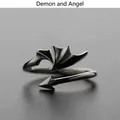 Adjustable dark metal cat-inspired ring featuring gothic devil wings and arrow tail motifs - Demon Wing Ring