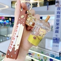 Brown cartoon bear milk tea liquid keychain with floating sand and brown silicone strap - Pearl Milk Tea Bear-Dome Lid Cup