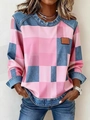 Detail of pink checkerboard sweatshirt featuring denim trim on crewneck and cuffs - Hot Pink