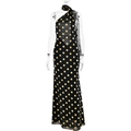 Elegante abito lungo senza schienale con scollo all'americana a pois dorati da donna - S / Nero