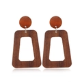 Detailed view of dark brown geometric wooden earrings with round studs and trapezoid drops - Style 13