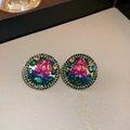 Close-up of vintage geometric earrings featuring colorful rhinestones and pink crystal center - Round Vintage Multicolor Ear Clip (3# Ear Clip)