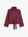 Short burgundy double-breasted trench coat with stand collar and waist belt for women - S / Burgundy