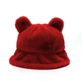 Close-up of fluffy dark red faux fur bucket hat with cute bear ears for winter - M (56-58cm) / Burgundy