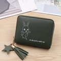 Forest green mini zipper wallet with cartoon rabbit and elegant star tassel pendant - Dark Green