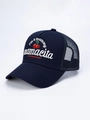 Detail of navy trucker hat featuring embroidered mamacita text and red cherry design - Navy Blue