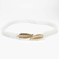 Elegant women's pearl waist chain with a golden leaf buckle on a gray background - Gold Leaf Buckle (KL139-11)