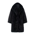 Women's black long sleeve faux fur coat with lapels and plush glossy finish on white background - XS / Black
