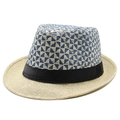 Herren Sommer Strohhut mit blauem Geomuster und schwarzem Band im Jazz-Stil - M (56-58cm) / Beige