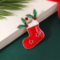 Cartoon Christmas stocking brooch with red enamel and holly leaf festive pin - Style 23