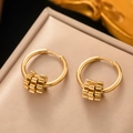 Modern gold-plated round hoop earrings with industrial gear-textured tassels for women - [G3104] Gold Industrial Style Geometric Hoop Earrings