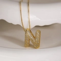 Gold letter N pendant necklace with shimmering zircon pavé stones on a box chain - Letter N (Box Chain)