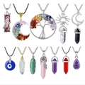 Set of hexagonal crystal necklaces featuring amethyst and quartz with wire wrapping - New 12PC Set