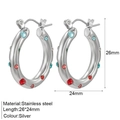 Silberne Edelstahl-Creolen mit bunten Kristallen besetzt, Größe 26 mm x 24 mm - Bunter Zirkonia Stahlfarben