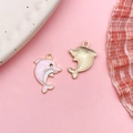 Pink enamel dolphin charm pendants with golden metal base for DIY jewelry making - Pink Enamel Ocean Dolphin