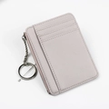 Slim light purple litchi leather card holder with zipper pocket and metal keychain ring - Off-White