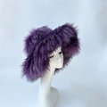 Faux fur winter hat in deep purple featuring a fluffy punk style oversized design - Eggplant Purple