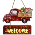 Weihnachtliches LED-Holzschild mit rotem Plaid-Truck und leuchtendem Welcome-Schriftzug - Roter Buffalo Plaid LKW (WELCOME) / Modell A - LED Beleuchtetes Pappelholz (81531)