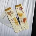 Japanese style beige tabi socks with grain plants illustration and yellow ribbed cuff - 35-41 / Pale Yellow Rice