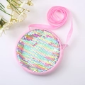 Pink round girls crossbody bag with iridescent sequins and plush trim on white background - Light Multicolor