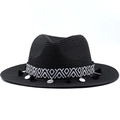 Chapeau de paille noir avec ruban géométrique, pompons noirs et pièces argentées - Noir
