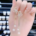 Elegant gold butterfly tassel earrings with heart-shaped cubic zirconia and pearls - Gold Hollow Heart Pearl Tassel Earrings (Silver Earring Post) E1537