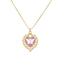 Hollow heart necklace with purple enamel and white butterfly pendant on white background - Purple