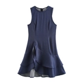 Detail showing the layered ruffle hem and smooth navy blue fabric of the sleeveless dress - XS / Deep Blue (Sleeveless)