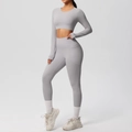 Detail view of high waist yoga leggings with side pocket and long sleeve crop top - Frost Grey