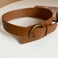 Brown leather waist chain belt with round bronze rivets and buckle in a stylish vintage design - 42# Waist Chain