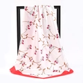 Silky satin floral square scarf with pink cherry blossoms and bold red border edge - Red Five-petal Flower (SD90-28-1)