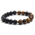 10MM black matte beads and tiger eye stone stretch bracelet with golden metal spacers - Brown + Black 10MM
