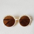 Cute white round frame children's sunglasses with daisy flowers and dark brown lenses - Off White