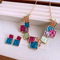 Detail of vintage square enamel jewelry set with necklace and earrings in a gift box - Multi-color Square Set