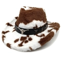 Cowboyhut mit braun-weißem Kuhmuster-Plüsch und metallischem Stierkopf-Ornament - Herz-Krone Kaffee