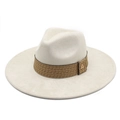 Classic cream wide brim fedora hat with brown woven band and metallic M logo detail - M(56-59CM) / Beige (Suede)